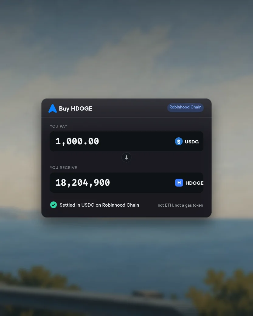 A buy ticket paying 1,000 USDG for HDOGE, settled in USDG on Robinhood Chain, over a blurred painted coastline.